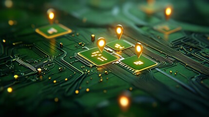 Obraz premium A close-up view of a green circuit board with glowing chips and bright location markers, symbolizing technology and connectivity.