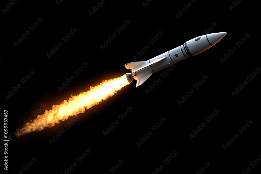 Poster a rocket ascending with flames from its engine, symbolizing space exploration and technology.