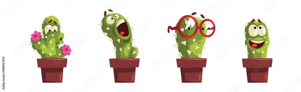 Poster green cactus character with different face emotion vector set