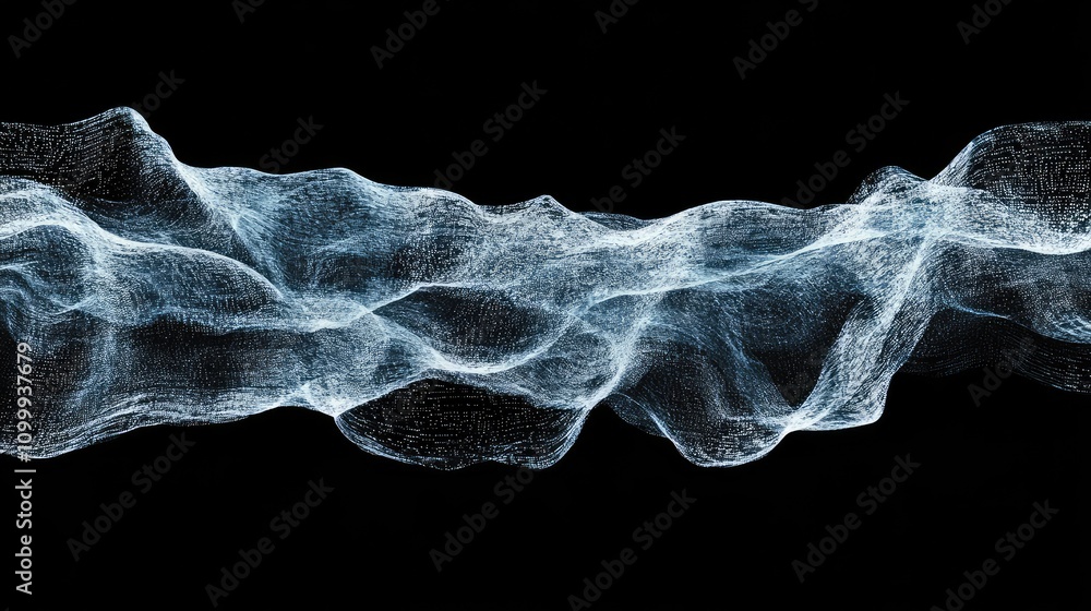 Poster abstract data pulse wave in soft blue tones, with gentle ripples symbolizing digital flow on black