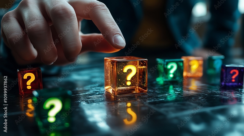 Poster a close-up of a hand selecting a glowing orange question mark cube among colorful translucent blocks