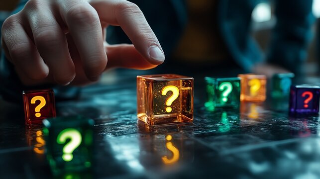 A close-up of a hand selecting a glowing orange question mark cube among colorful translucent blocks, creating a sense of mystery and curiosity.