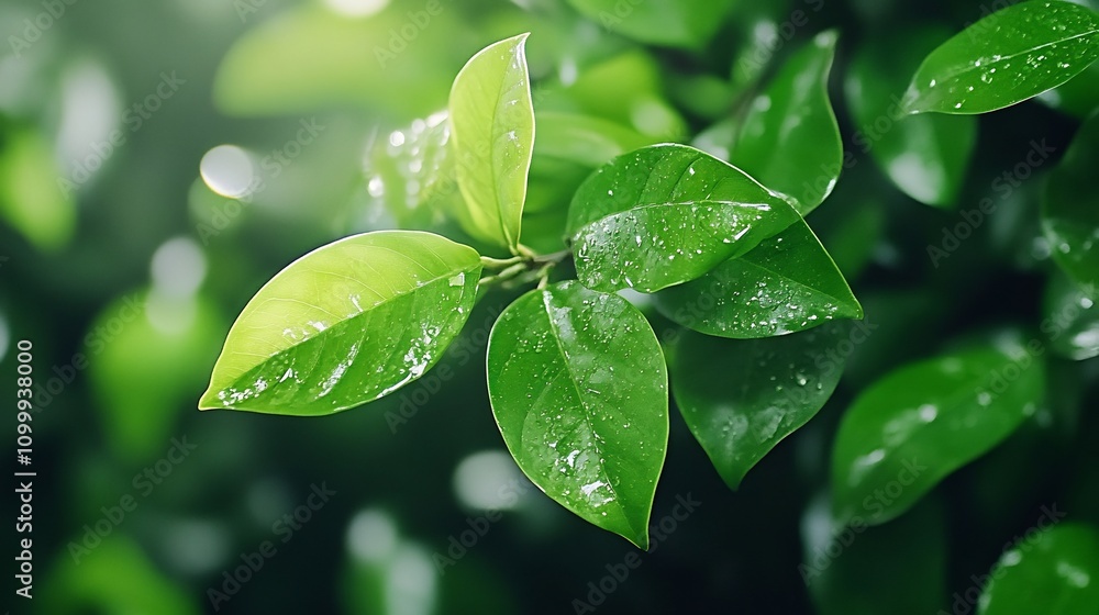 Poster lush green leaves with soft sunlight filtering through bokeh backdrop