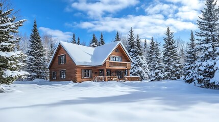 A picturesque country house with a snow-covered roof, surrounded by tall pine trees and a blanket of fresh snow 