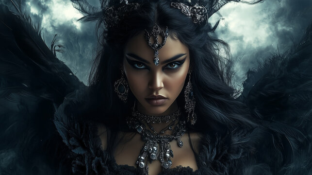 A gothic portrayal of Lilith, adorned with intricate jewelry and dark feathers, standing amidst a stormy sky