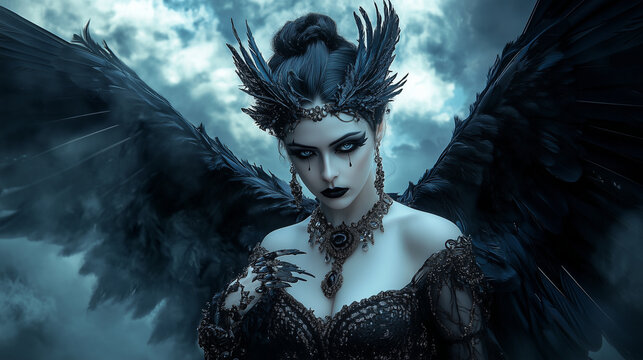 A gothic portrayal of Lilith, adorned with intricate jewelry and dark feathers, standing amidst a stormy sky