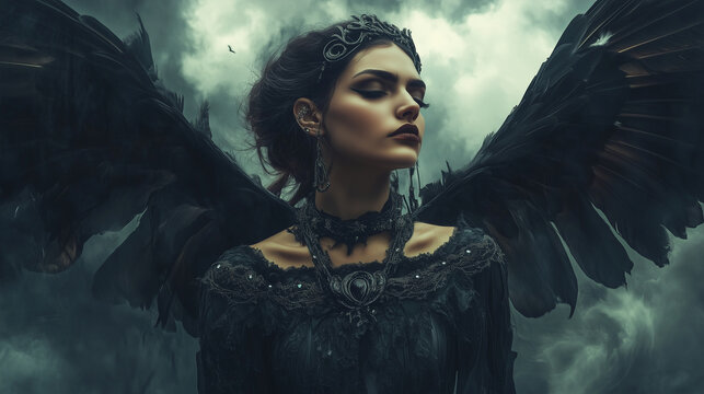 A gothic portrayal of Lilith, adorned with intricate jewelry and dark feathers, standing amidst a stormy sky