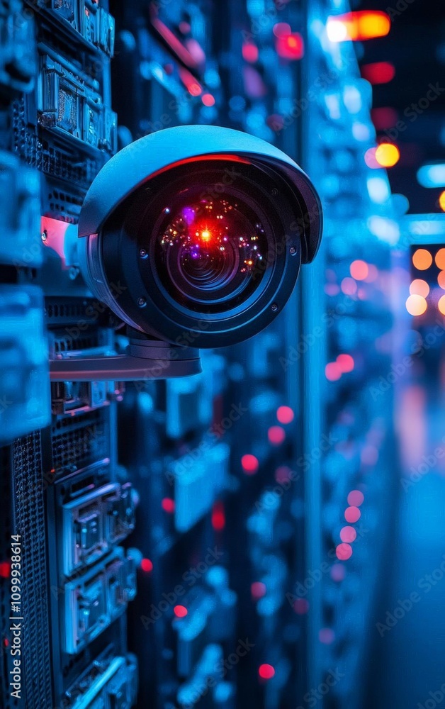Poster a close-up of a security camera monitored by multicolored lights in a digital server environment, sh