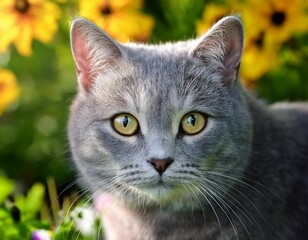 a beautiful gray cat in garden