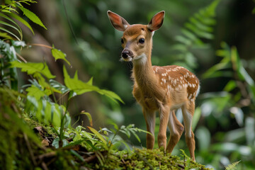 A small deer in the wildlife, a fawn isolated in a woodland background, a forest where animals and nature 