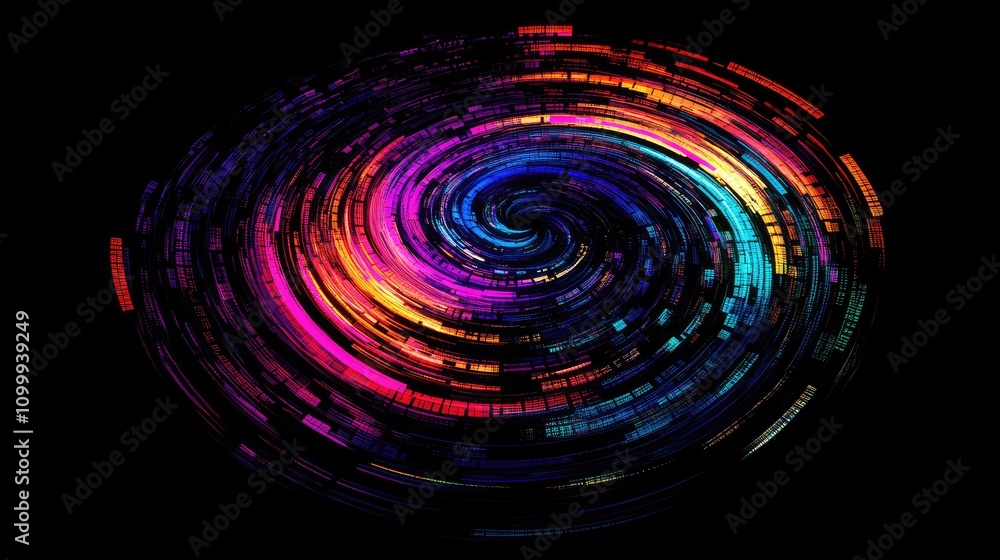 Aufkleber abstract data spiral with radiant neon colors, coiling inward with pixelated and glitch effects for 