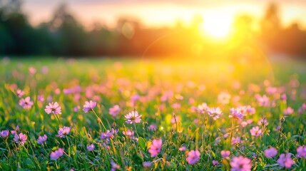 Fototapeta premium Soft Nature Open, Ethereal Meadow with Glowing Morning Light and Gently Swaying Wildflowers