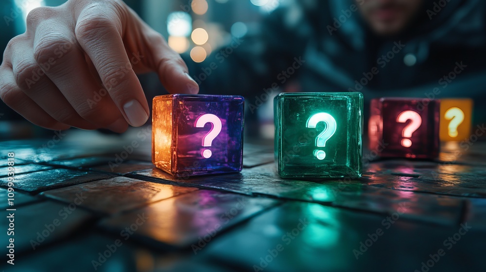 Poster a man's hand reaching for a colorful block with a question mark, surrounded by illuminated question 