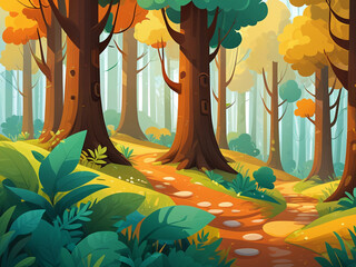 Generated cartoon illustration of a lush green scenic forest interior.