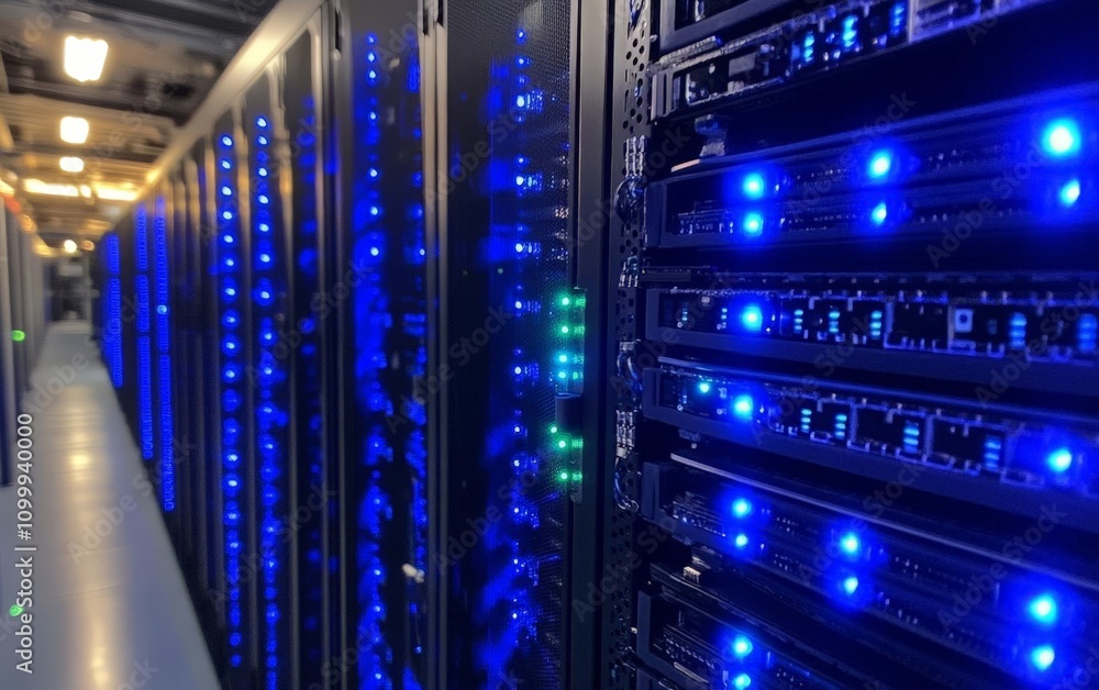 Poster a close-up view of a modern data center featuring rows of powerful servers with illuminated led ligh