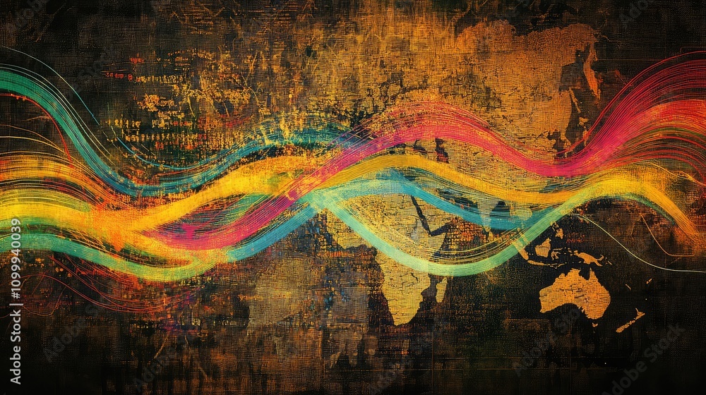 Poster abstract data trails in bright colors crossing over an antique map background, creating a striking c