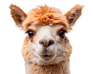 Alpaca: A fluffy face with reddish fur and large, gentle eyes.