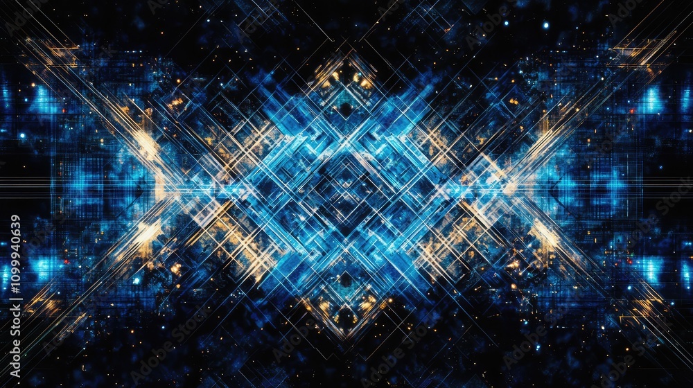 Poster abstract digital circuit design with intersecting electric-blue lines on a dark, reflective backgrou