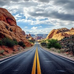 Dramatic Desert Highway Through Majestic Rocky Landscape Under Stormy Skies