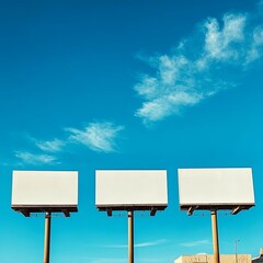 Obraz premium Three blank billboards set against a bright blue sky, waiting for advertisements. The image symbolizes opportunity, marketing, and communication in urban spaces.