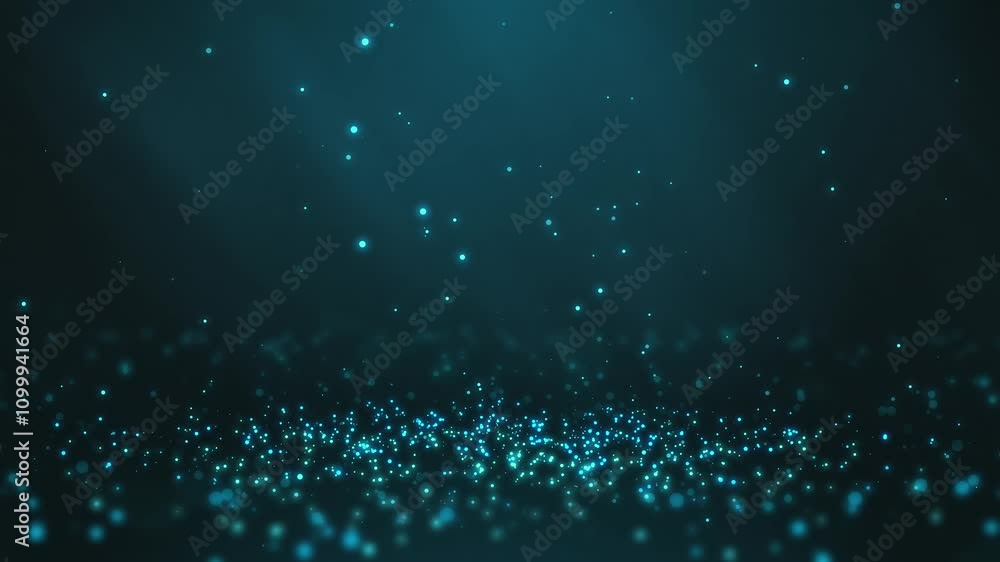 Poster teal particles twirling on the ground and flying in the air with light rays at the top left, horizon