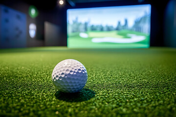 Golf Simulator Experience: Precision and Fun on the Green - A golf ball rests on the green carpet, a putter nearby, with a large screen in the background showcasing a virtual golf course. This image r