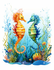 Two Sea Horses, watercolor picture, one sea horse in orange and other one in blue, in a water background the seahorses are facing each other 
