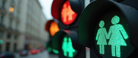 Colorful Traffic Lights With Same-Sex Couple Symbols in Urban Setting