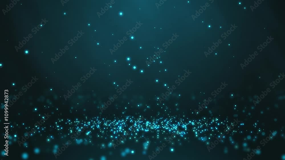 Poster teal particles twirling on the ground and flying in the air with light rays at the top left, horizon