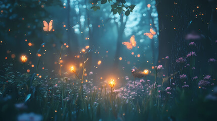 Fototapeta premium Enchanted forest with mystical atmosphere glowing flowers ethereal creatures. Ethereal. Illustration