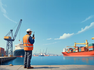 Generated illustration of dock worker communicating through a radio device on a seaport site.