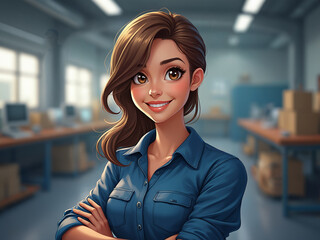 Fototapeta premium Generated cartoon illustration of factory worker posing for the camera on a factory site.