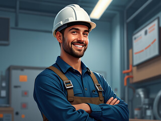 Generated cartoon illustration of factory worker posing for the camera on a factory site.