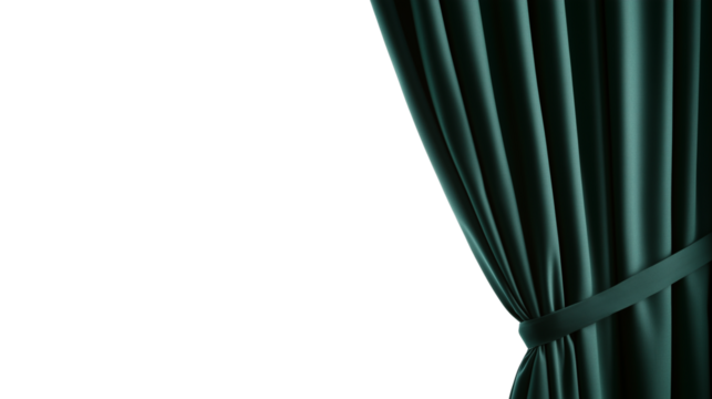 Open green tied stage curtain isolated on transparent background with copy space for text or design