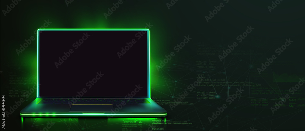 Poster A slick laptop illuminated by a vibrant neon green glow, set against a dark, futuristic background featuring digital patterns and abstract network connections. 3D neon green laptop screen. Vector