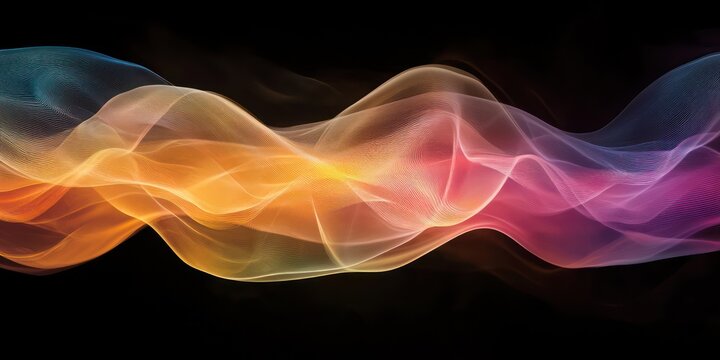 artistic representation of s long flowing sound wave, holographic shapes and curved planes