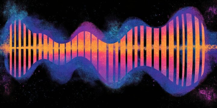 artistic representation of s long flowing sound wave, irridescent colors