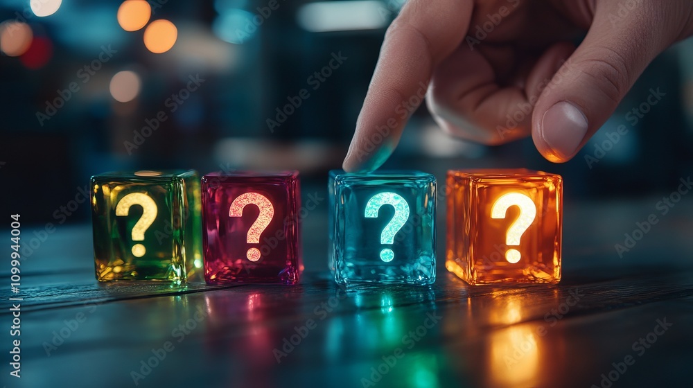 Poster a close-up shot featuring a hand poised to touch a glowing question mark on a colorful translucent c
