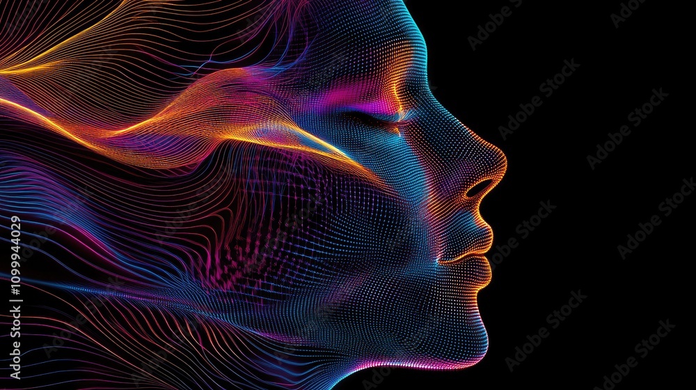 Poster abstract digital face outlined by flowing data lines and pixelated effects, illuminated with neon hu