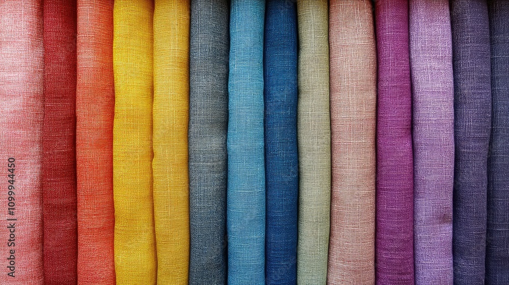 Poster colorful fabric rolls displayed in a row for textiles and design