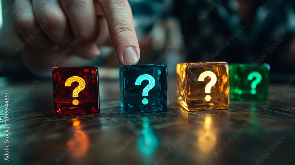 Poster a close-up of a hand pointing at colorful question mark blocks, creating a sense of curiosity and in