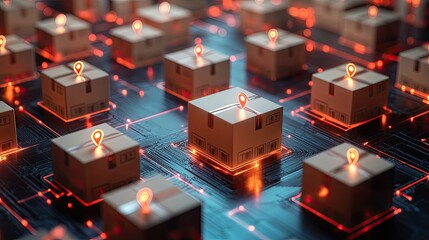 Futuristic 3D Scene with Glowing Location Pins and Shipping Boxes