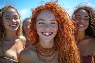 Fototapeta premium A diverse group of freckled people laughing together outdoors under sunny skies. Generative AI