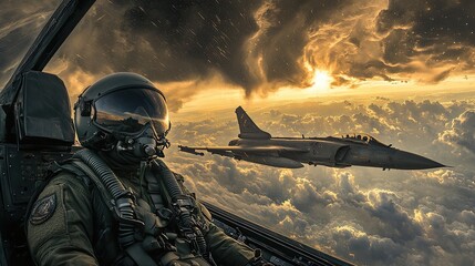 Fototapeta premium Fighter Pilot in Full Gear Performing Dive Maneuver Over Clouds