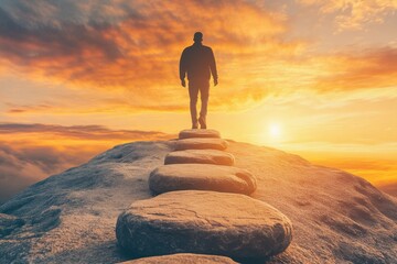 Person walking on stone path towards a vibrant sunset over the horizon