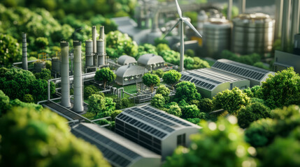 A lush, green eco-friendly factory with solar panels, wind turbines, and eco-conscious packaging, emphasizing a commitment to sustainability