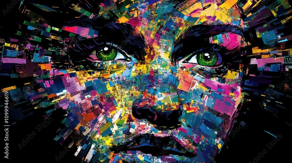 Poster abstract face made from colorful data shards, each fragment glowing in electric hues against a dark 