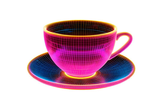 Neon wireframe of a teacup and saucer with silhouettes isolated on black background.