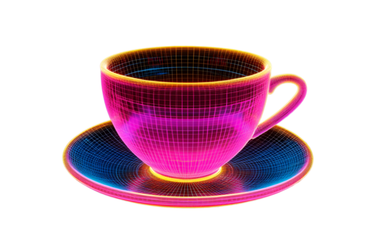 Neon wireframe of a teacup and saucer with silhouettes isolated on black background.