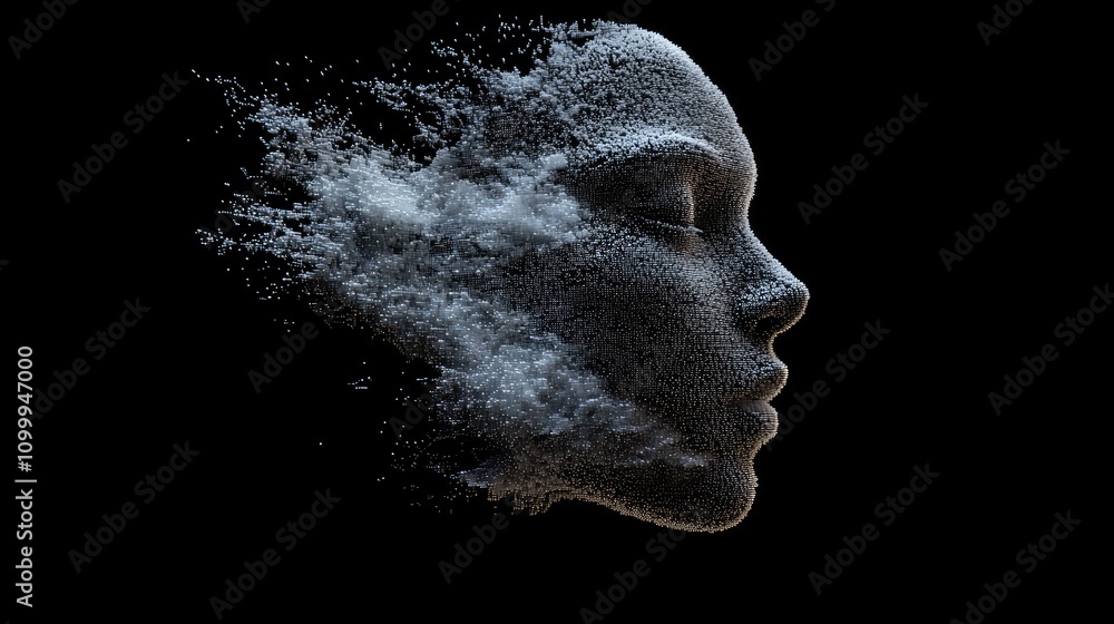 Poster abstract face made of interconnected data points, dissolving into pixelation against a dark backdrop